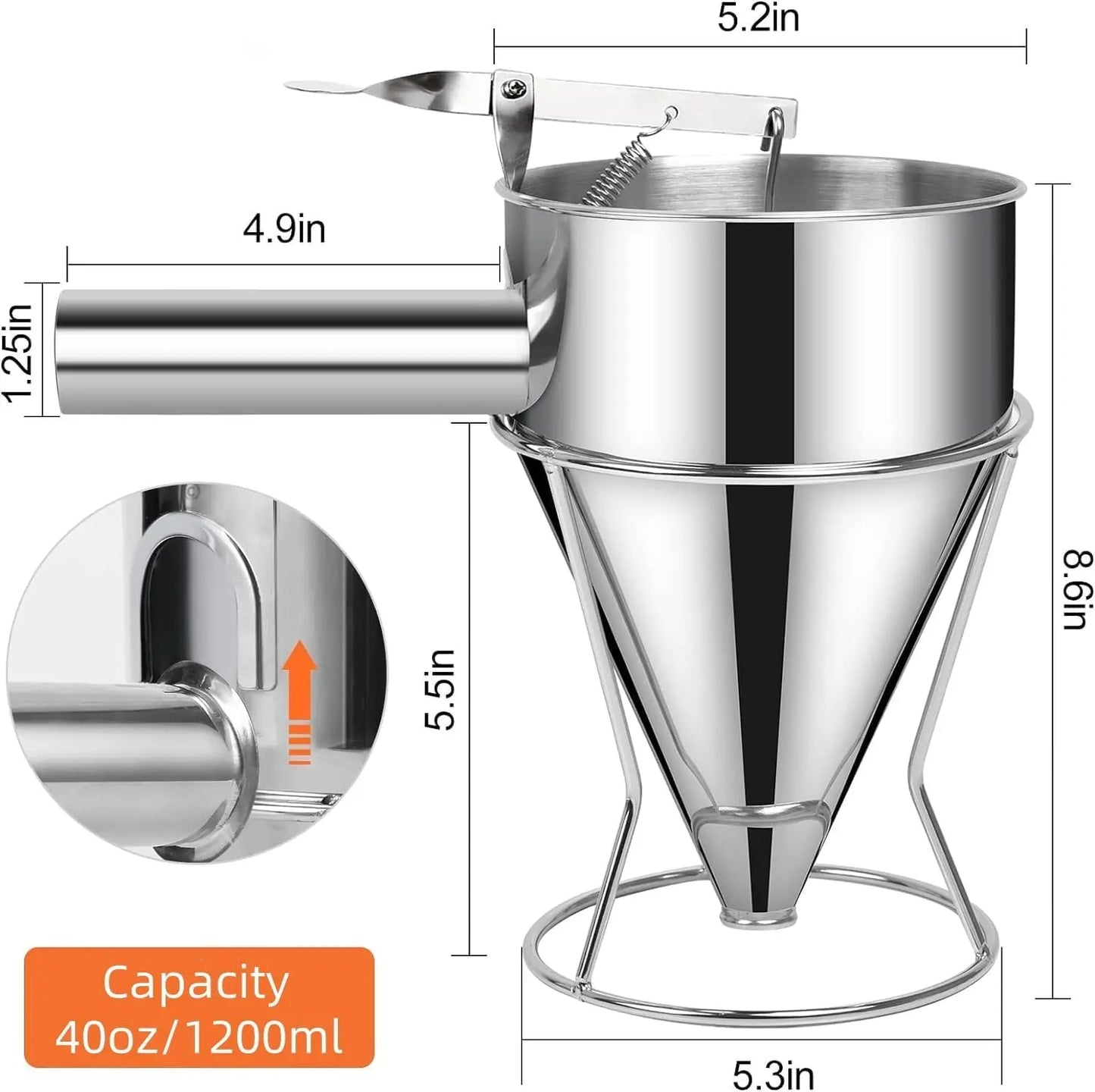 Pancake Batter Dispenser with 4 Nozzles Multi-Caliber Stainless Steel Funnel Cake Dispenser with Stand Great for Baked Goods