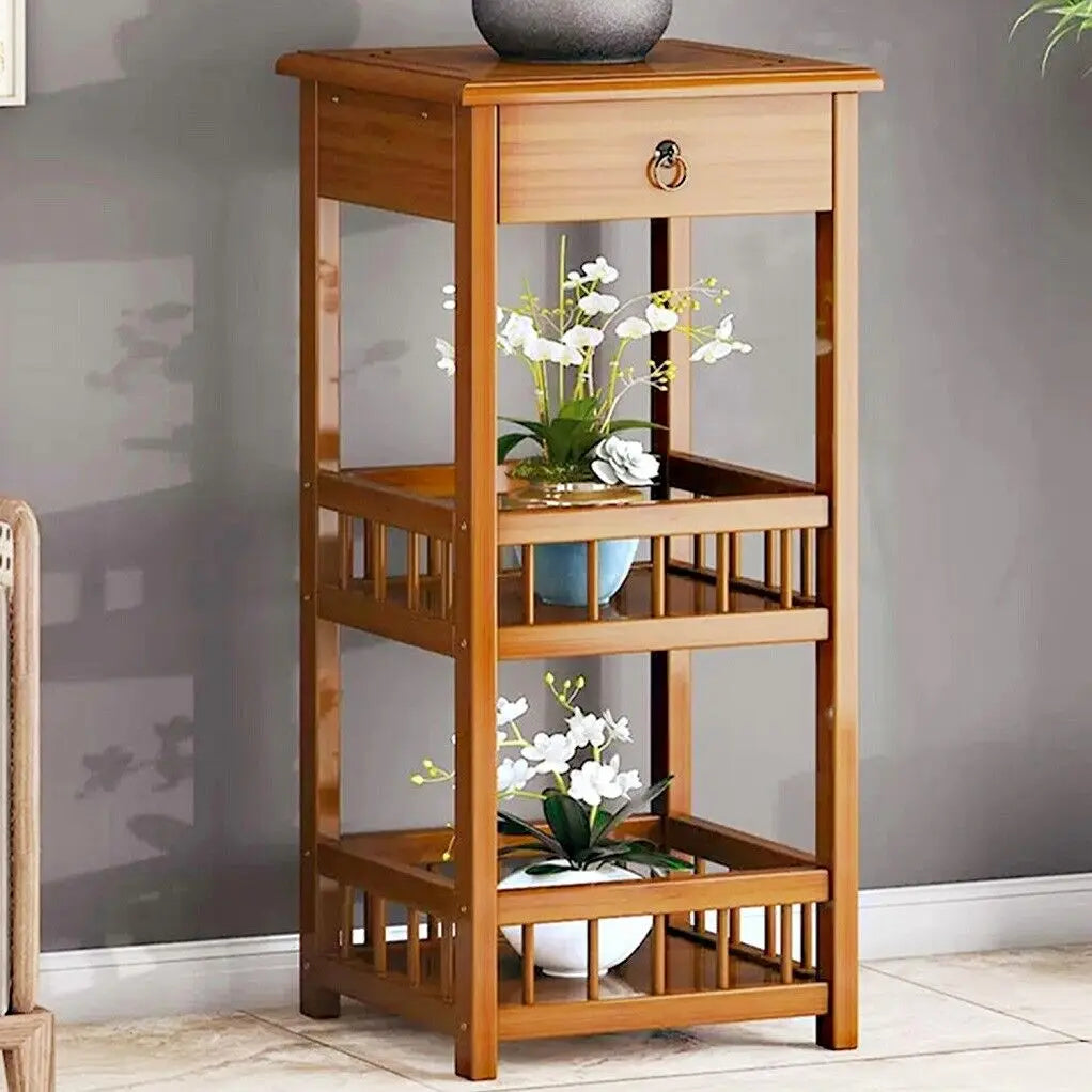 2 Tier Retro Vintage Style Bedside Table Bamboo Sofa Coffee End Table with Drawer Plant Display Storage Shelf Unit