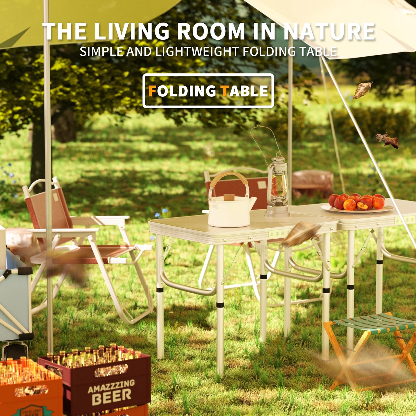 Folding Camping Table With 2 Adjustable Heights, Lightweight Foldable Aluminium Portable Picnic Table