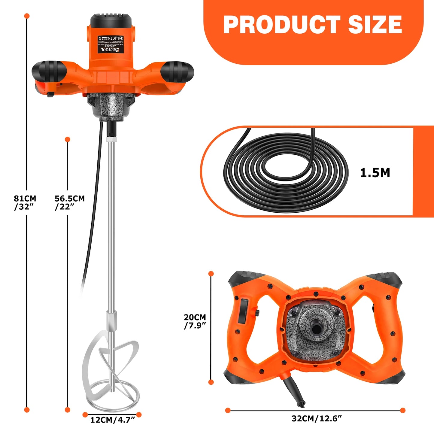 2600W Corded Electric Handheld Concrete Cement Paddle Mixer Machine Adjustable 6 Speed Stirrer Mix Stirring Tool With M14 Mixing Rod