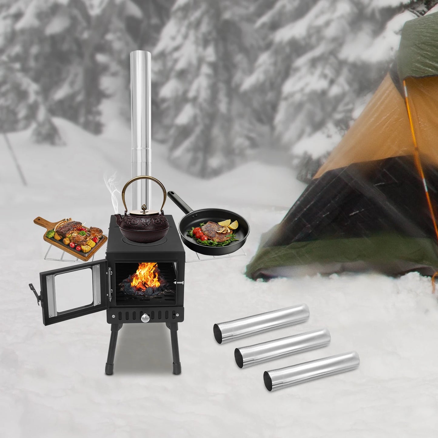 Foldable Camping Tent Stove With Chimney Carbon Steel Wood-Burning Heater For Cooking & Heating Outdoor Camping Tools