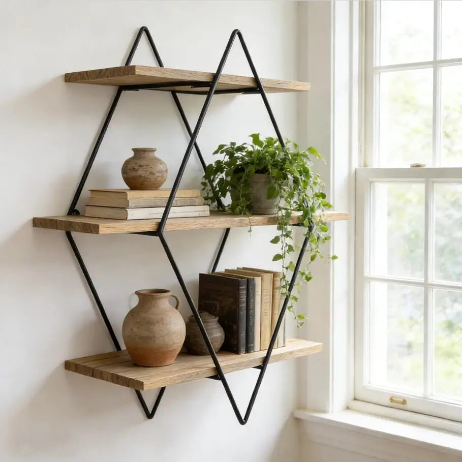 Rustic Wood Geometric Wall Floating Shelves Decorative Storage Display Rack