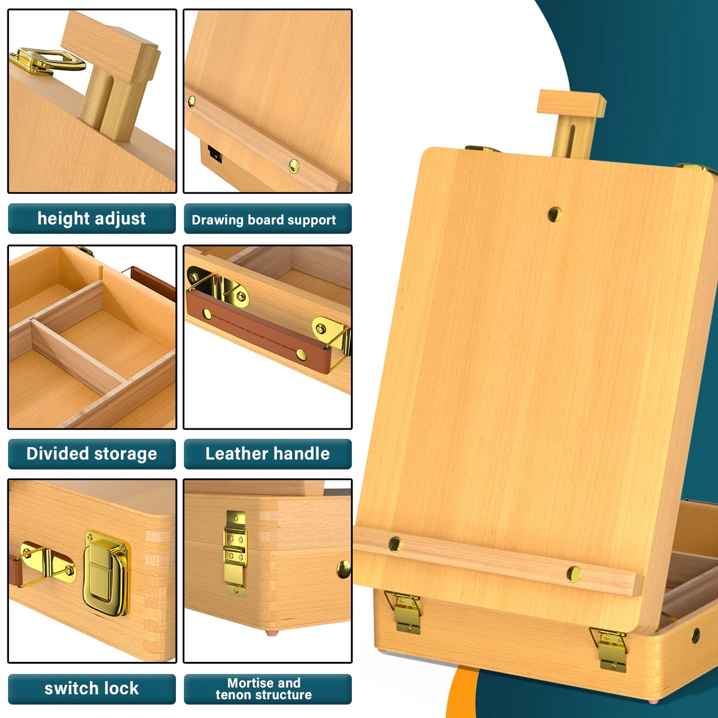 Wooden Table Easel Box with Drawer, Table Desk Top Easel, Adjustable Beechwood Storage Sketch Easels Box For Artist