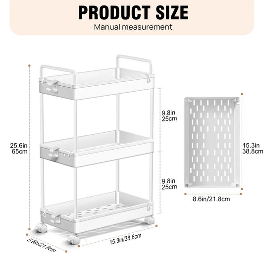 Dayplus 3-Tier Storage Trolley Cart on Wheels,Multifunctional Mobile Storage Trolley Slide-Out Rolling Utility Cart,Space-Saving