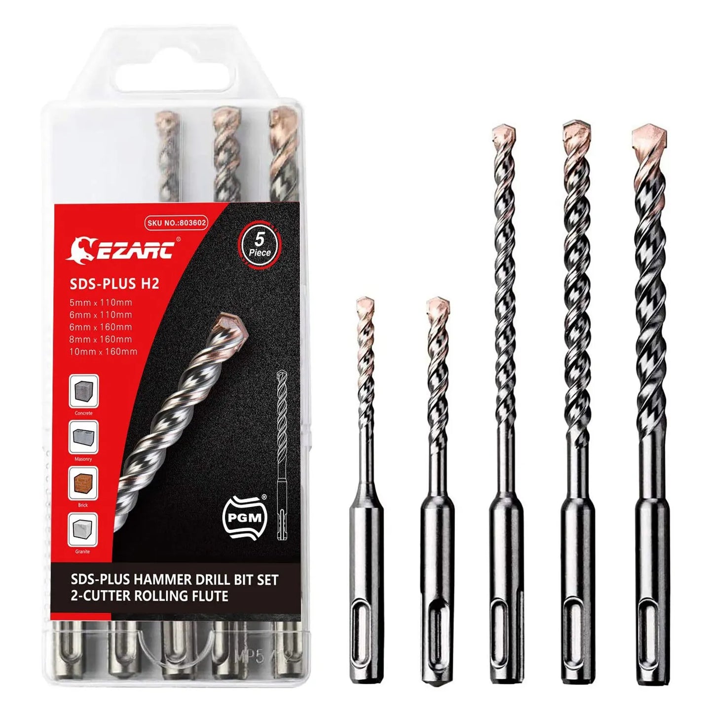EZARC 5 Piece 2/4-Cutter Carbide Tips SDS-Plus Rotary Hammer Drill Bit Set For Reinforced Concrete, Masonry, Marble, Brick And Tile