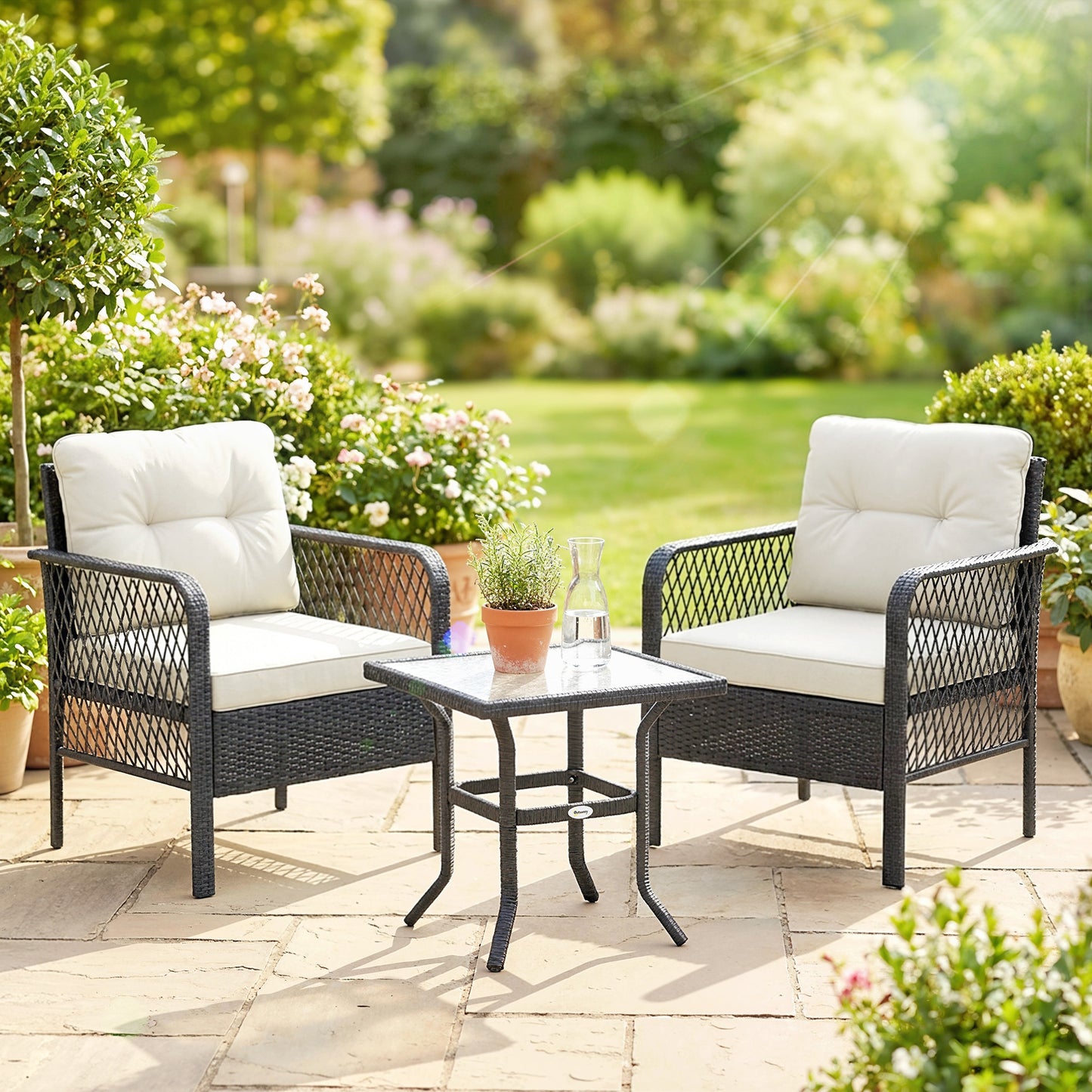 3 Piece Rattan Bistro Set | 2 Armchairs | Tempered Glass Coffee Table | 10cm Seat Cushions | Washable Covers | PE Wicker Metal Frame | 160kg | Cream
