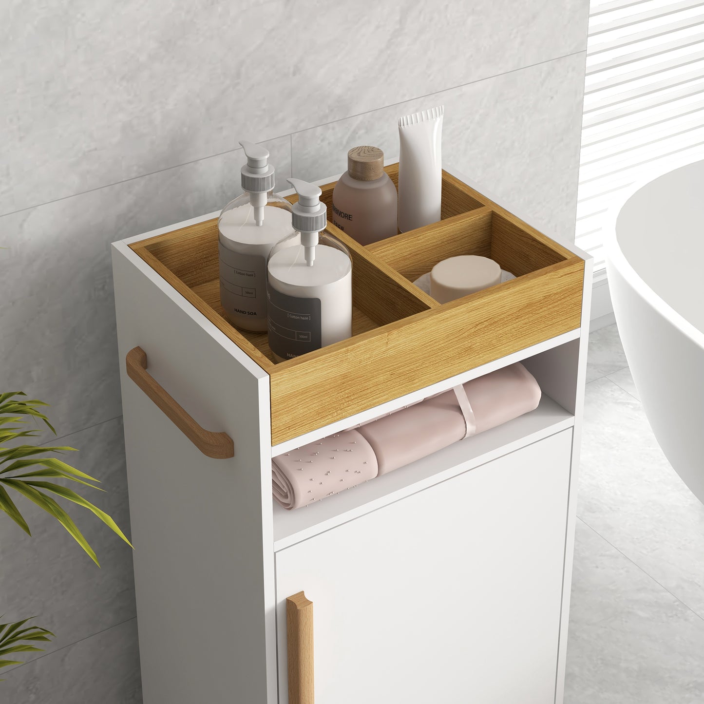 Kleankin Bathroom Cabinet with Wheels, Bathroom Storage Cabinet with Cushioned Door, Removable Tray, Open Compartment and Adjustable Shelves for Washroom, White