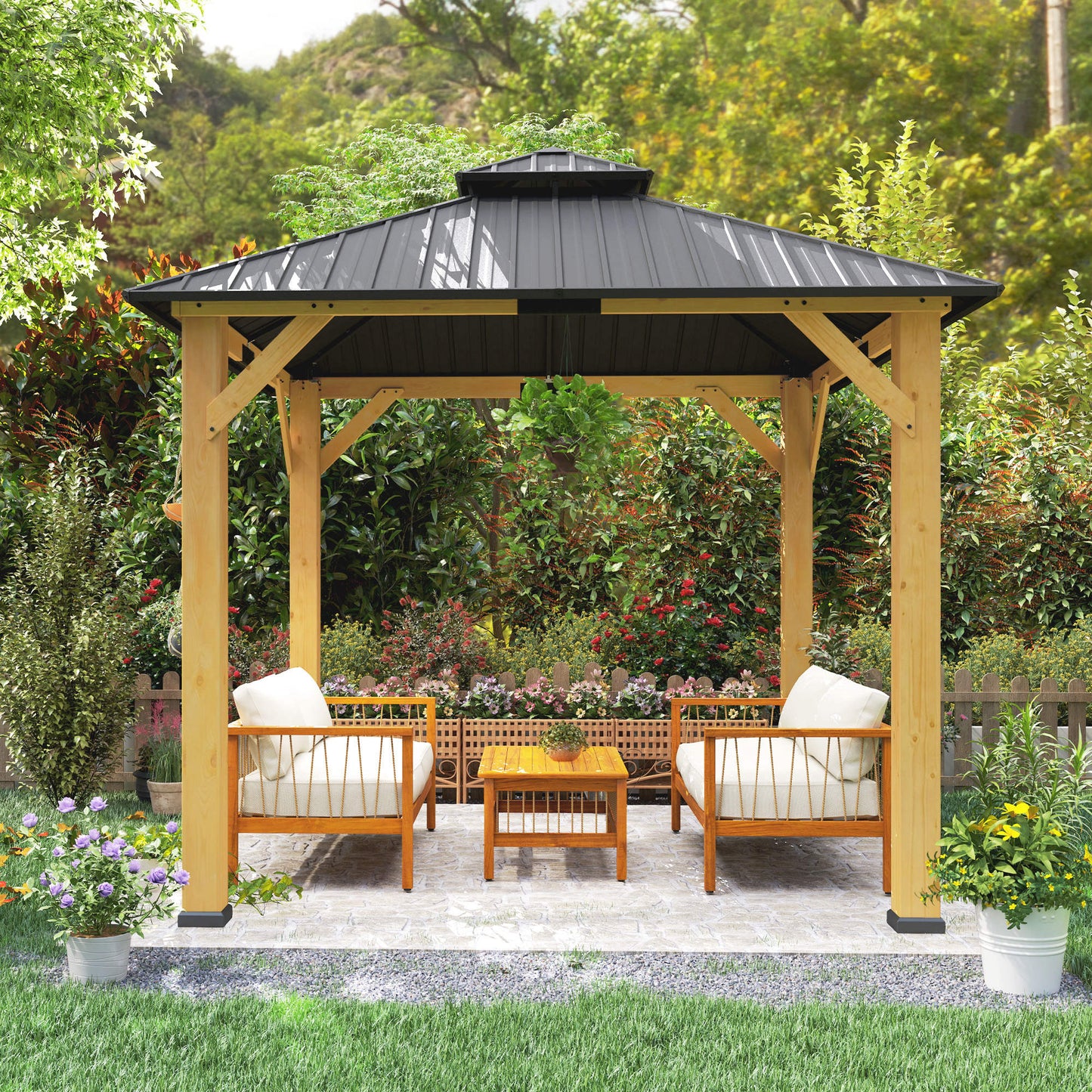 Outsunny 3x(3)M Outdoor Hardtop Gazebo Canopy with 2-Tier Roof and Solid Wood Frame, Outdoor Patio Shelter for Patio, Garden, Grey