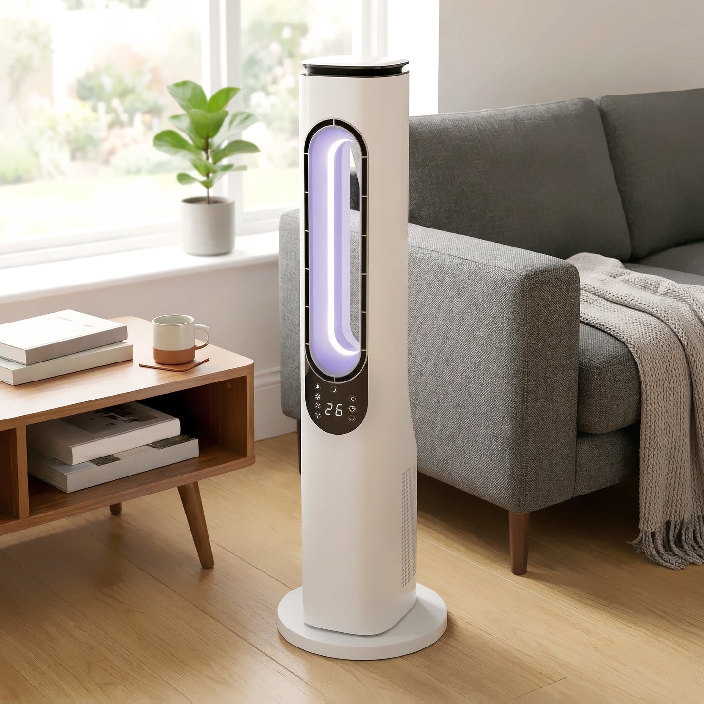 Bladeless Tower Fan | 35dB Sleep Mode | 50° Oscillation | 3-Colour LED | 15hr Timer | Remote | White