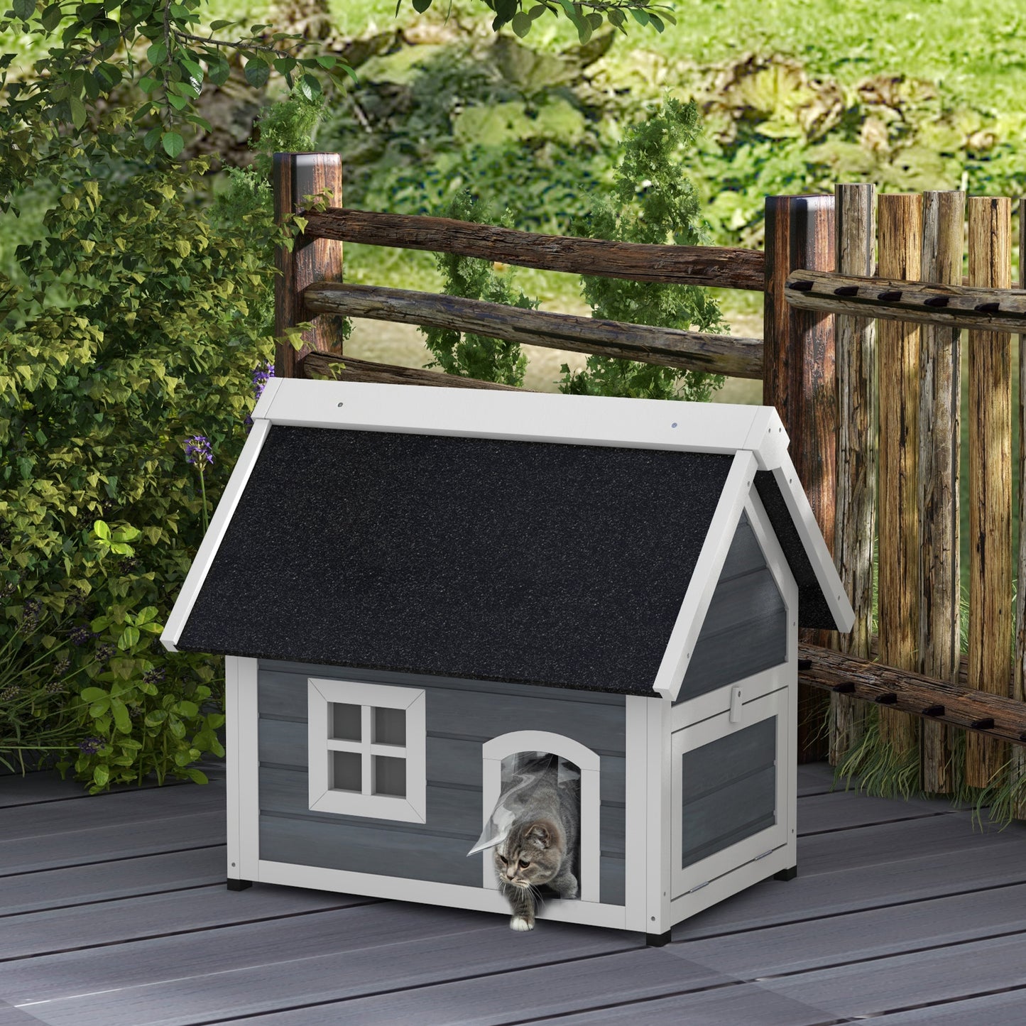PawHut Outdoor Cat House, Wooden Feral Cat Shelter Waterproof Hide House with Openable Asphalt Roof and Three Doors, 77 x 57.5 x 68cm, Grey