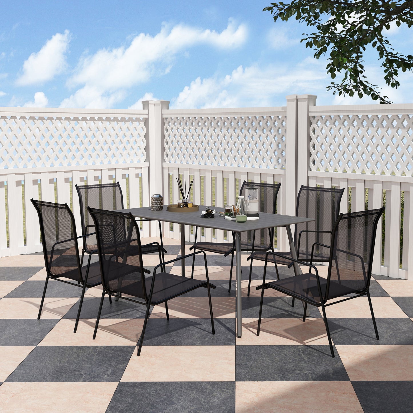 Outsunny Rectangle Garden Table with Slat Top, Steel Frame, Outdoor Table for 6 Person, 150 x 80 x 74 cm, Grey