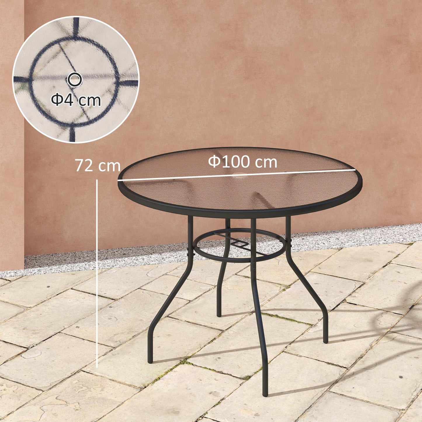 Outsunny 100 cm Round Dining Table with Parasol Hole, Outdoor Tempered Glass Top, Steel Frame for Garden, Black