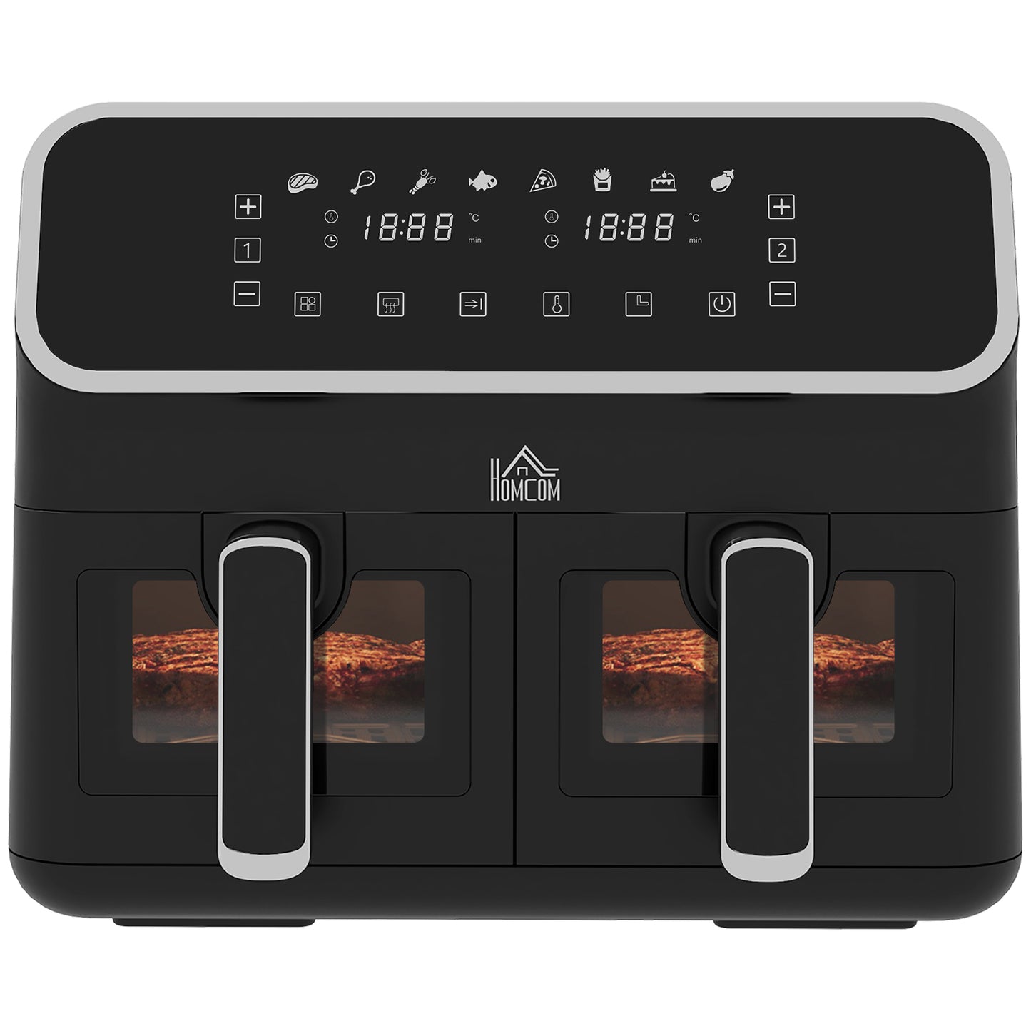 Dual Air Fryer Double Oven, 8L Family Size W/ 8-In-1 Presets, Smart Finish, Digital Display, Visual Window, Recipe, Timer, Healthy Cooking - Silver