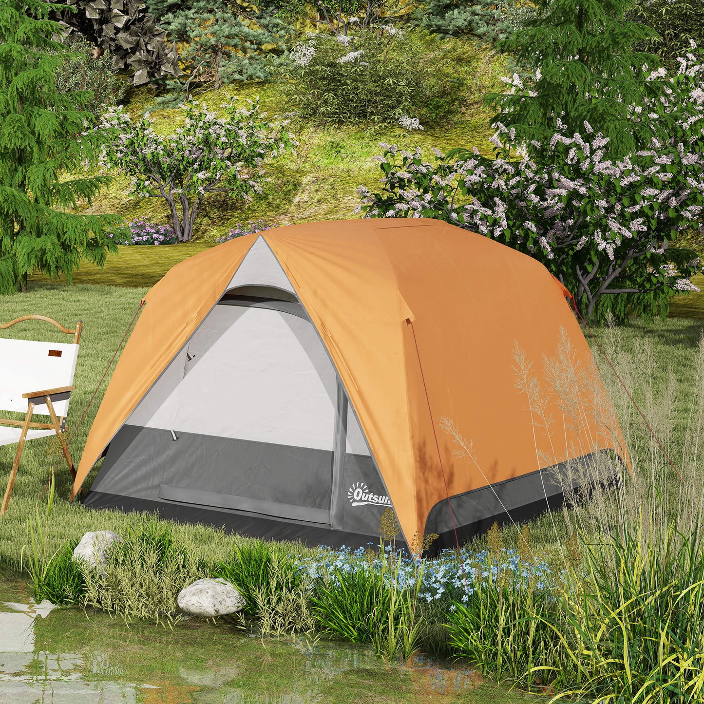 3-4 Person Camping Tent, Easy Set Up Waterproof Dome Tent with Sewn-in Groundsheet, Mesh Windows, Pocket and Hook for Camping, Orange & Grey