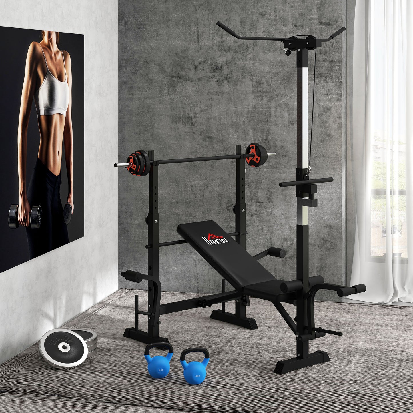Adjustable Weight Bench with Pulley System, Incline Bench Press Set with Squat Rack, Leg Developer, Butterfly and Weight Storage, for Full Body Workout