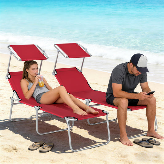 Set of 2 Folding Sun Loungers | 4 Position Adjustable Back | Oxford Fabric | Powder Coated Steel | Portable | 120kg | Red