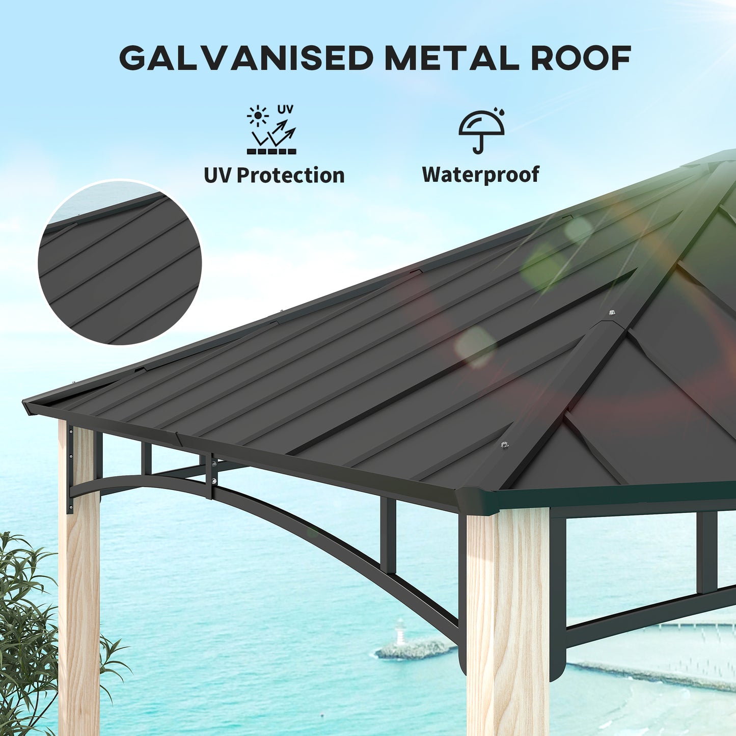 3 x 3(m) Hardtop Gazebo Canopy with Galvanised Metal Roof, Garden Gazebo Permanent Pavilion with Wood Grain Strong Columns