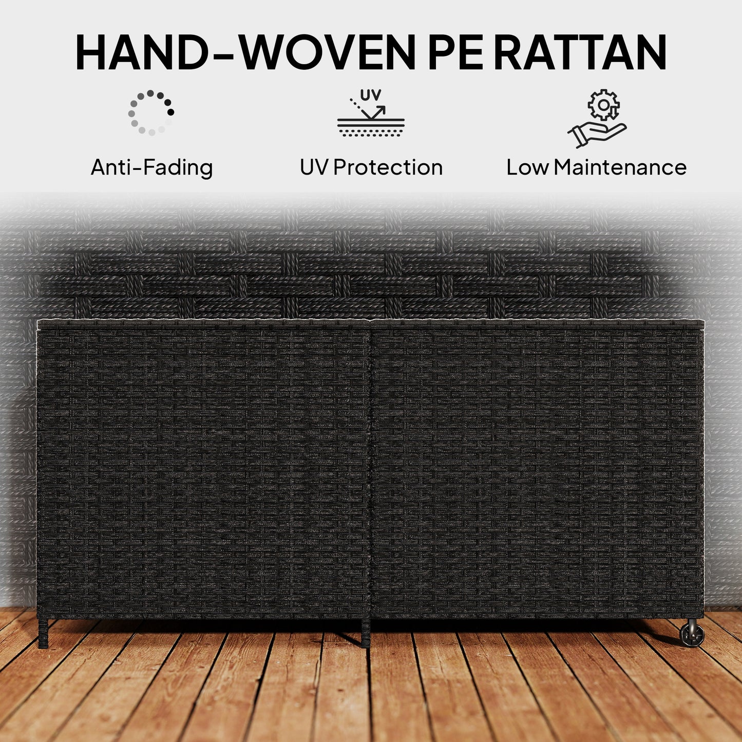 650L Rattan Garden Storage Box | 2 Wheels | Waterproof Zipped Liner | Gas-Assisted Lid | UV-Resistant PE Rattan | Powder-Coated Steel | 100kg | 150x75x74cm | Black