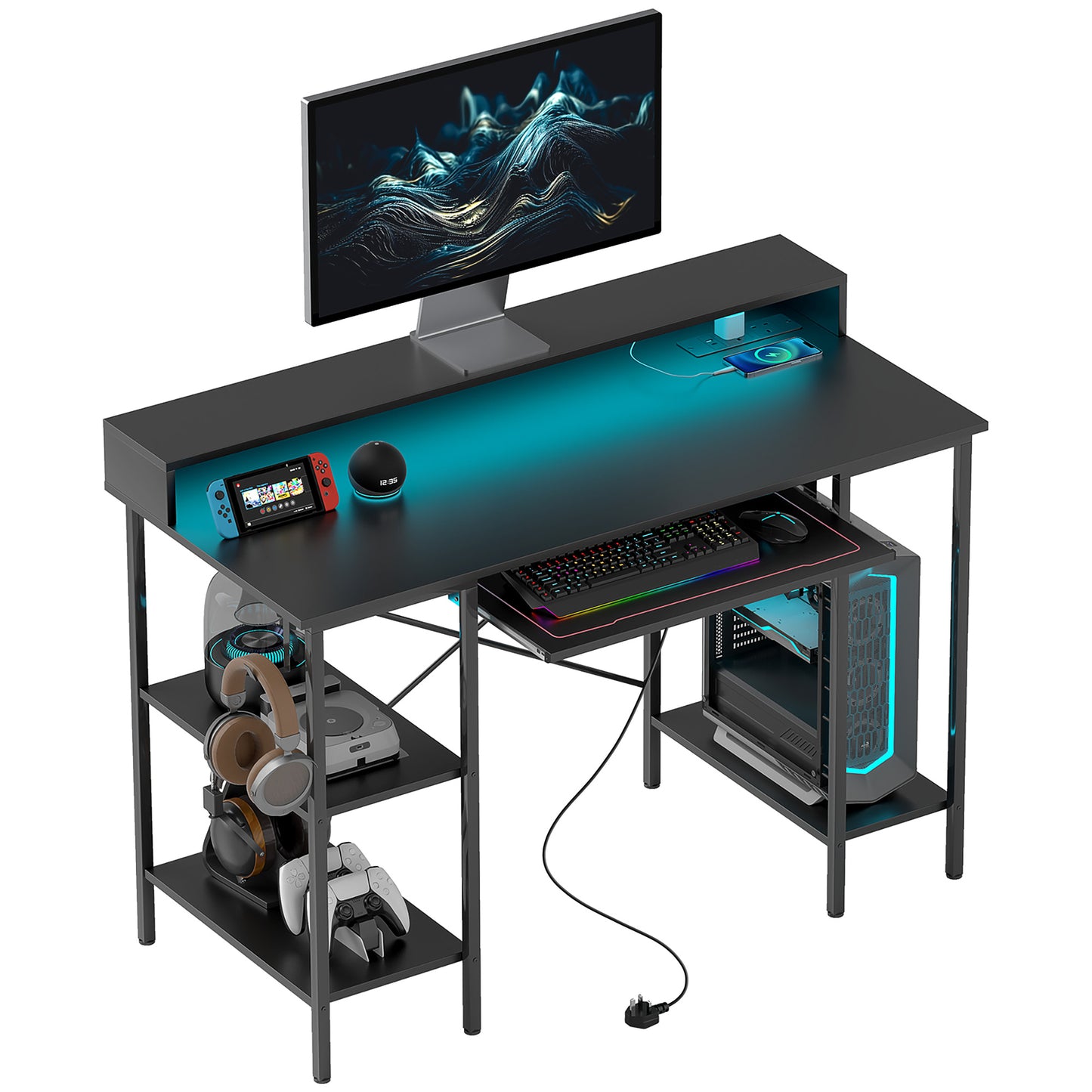Reversible Computer Desk with LED Lights and Power Outlets, 120 x 55 cm Gaming Desk with Monitor Stand, Sliding Keyboard Tray and Storage Shelves,
