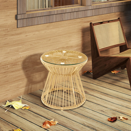 Round End Table, Rattan Side Table, Hollow Drum Design Coffee Table w/ Glass Tabletop for Patio, Garden, Balcony Natural