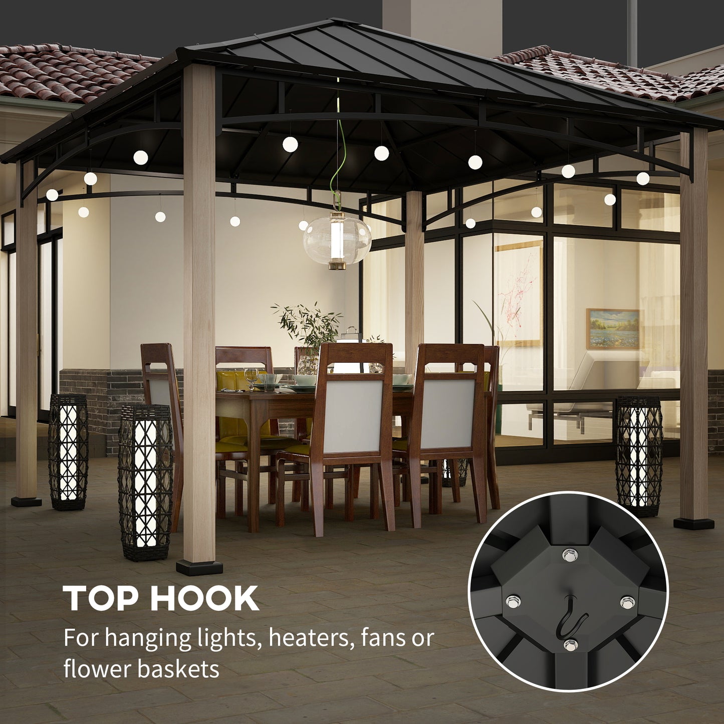 3 x 3(m) Hardtop Gazebo Canopy with Galvanised Metal Roof, Garden Gazebo Permanent Pavilion with Wood Grain Strong Columns