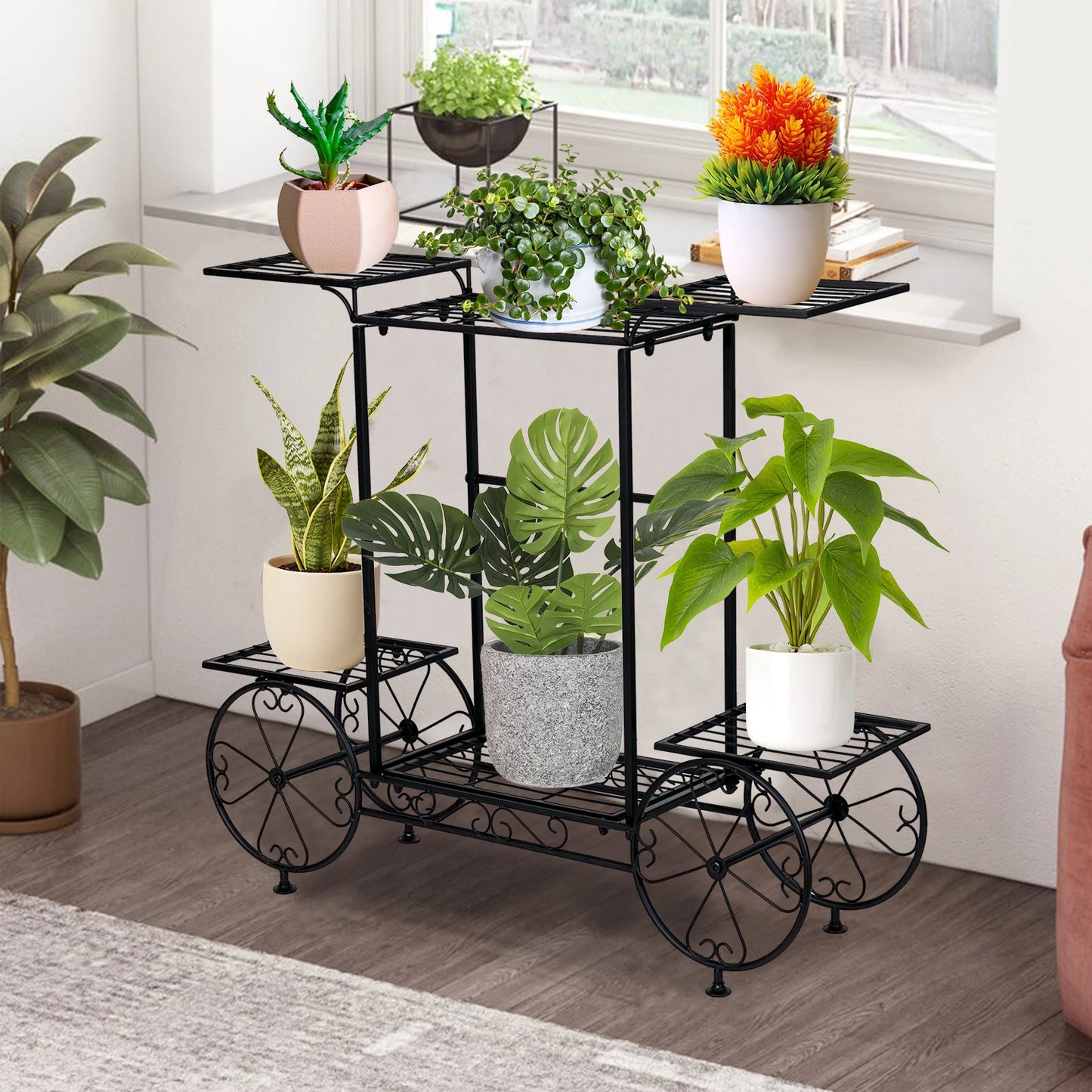 Large Metal Plant Stand Indoor 6 Tier Garden Cart Plant Holder Wrought Iron Plants Display Shelf Rack Organiser Outdoor Decorating Garden