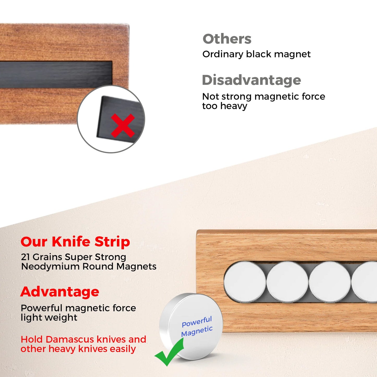 Magnetic Knife Holder for Solid Wall Strip Powerful Magnet Wall Mount Acacia Wooden Knives Holder Kitchen Knife Strip