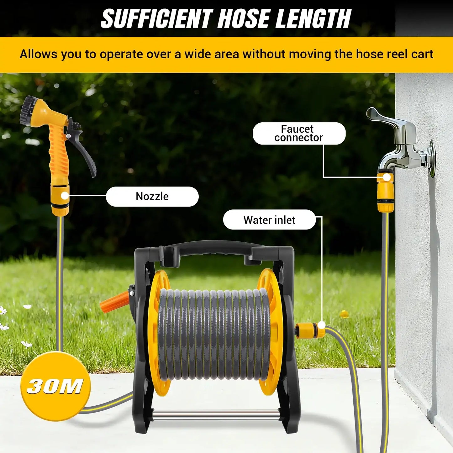 Garden Hose Reel 15M/25M/30M, 2-In-1 as Free Standing or Wall Mounted Garden Hose, Complete with Hose Guide, Nozzle and Fittings