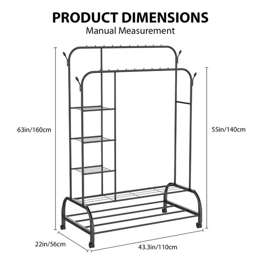 Heavy Duty Clothes Rail Metal Rack Garment Storage Organiser With Double Hanging Clothing Rail, Shoe Rack, Shelves & 4 Coat Hooks
