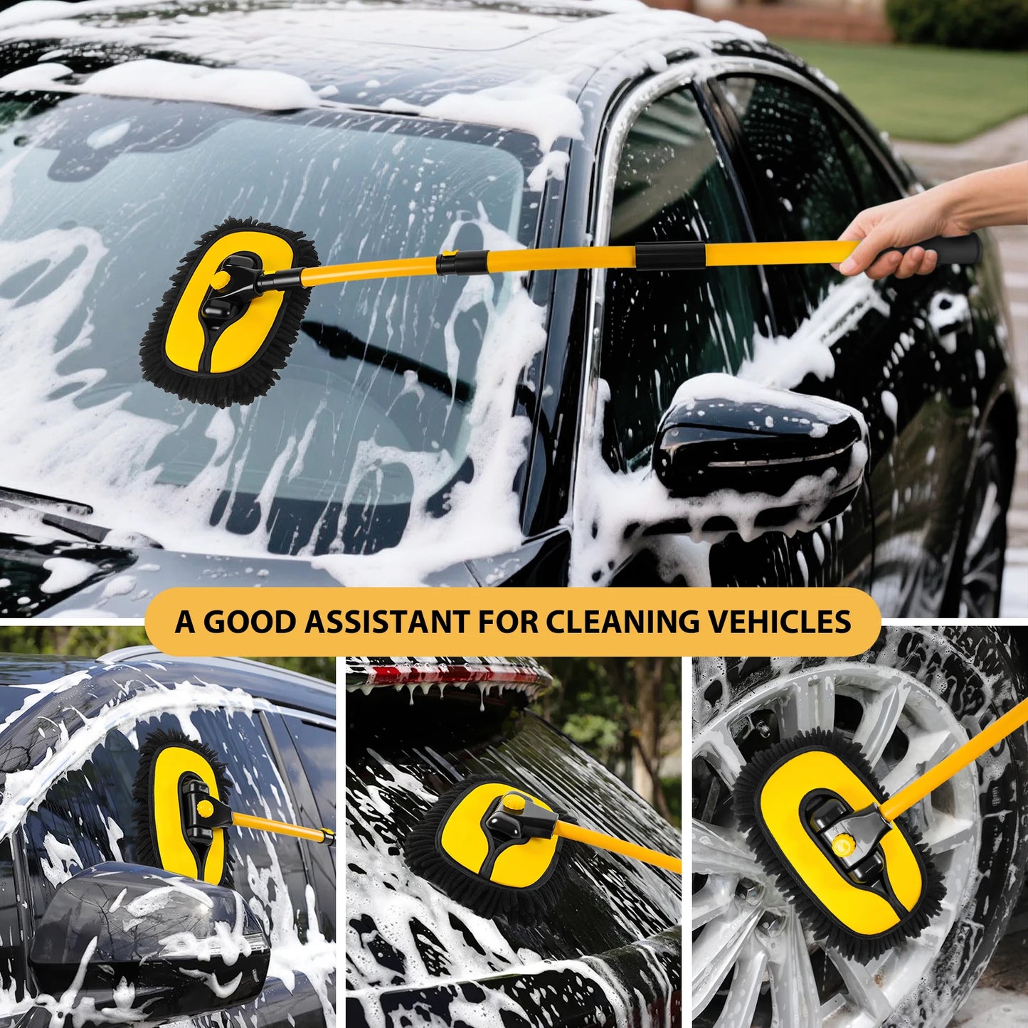 Car Wash Brush With Long Handle, 15° Curved Extendable Car Cleaning Brush with Replaceable Microfibre Mop Head,Washing Brush 55 Inch
