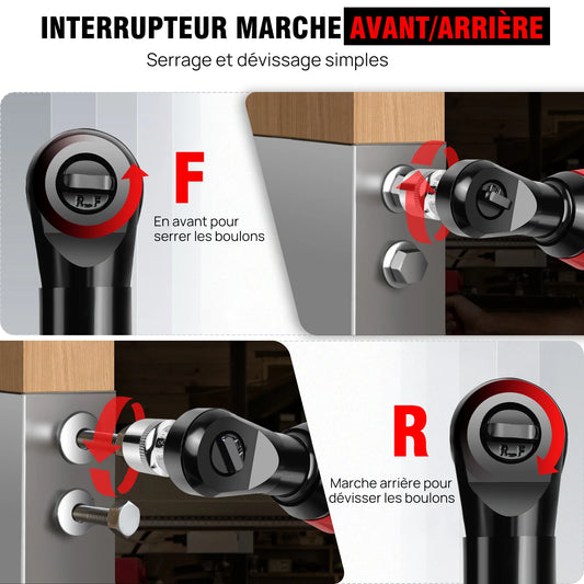 200NM 3/8" Cordless Electric Ratchet Wrench,90° Angle Wrench 12V Power Ratchet Tool with 2 Batteries & Charger+7 Sockets