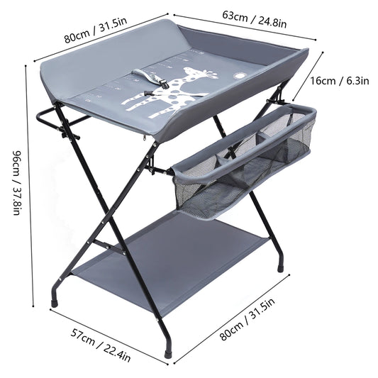 Foldable Baby Nappy Changing Table Stand With Bottom Storage Board, Elevated Fence Guard and Storage Basket High Safety