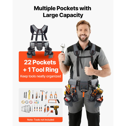 Tool Belt 22 Pockets Waist Adjustable 32 to 68 inch With Suspenders Utility Belt Tool Bag
