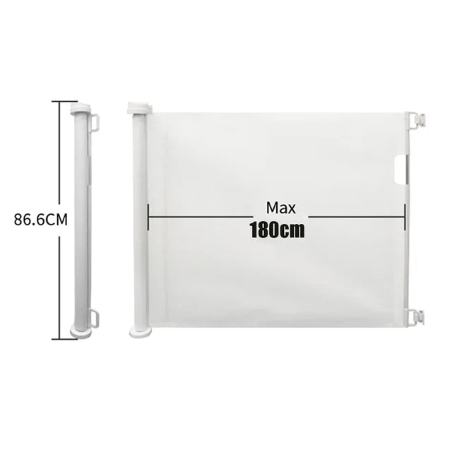 Extra Wide Kids Pet Gate Retractable Dog Gate For Babies And Pets, White, One Handed Operation, Mesh Safety