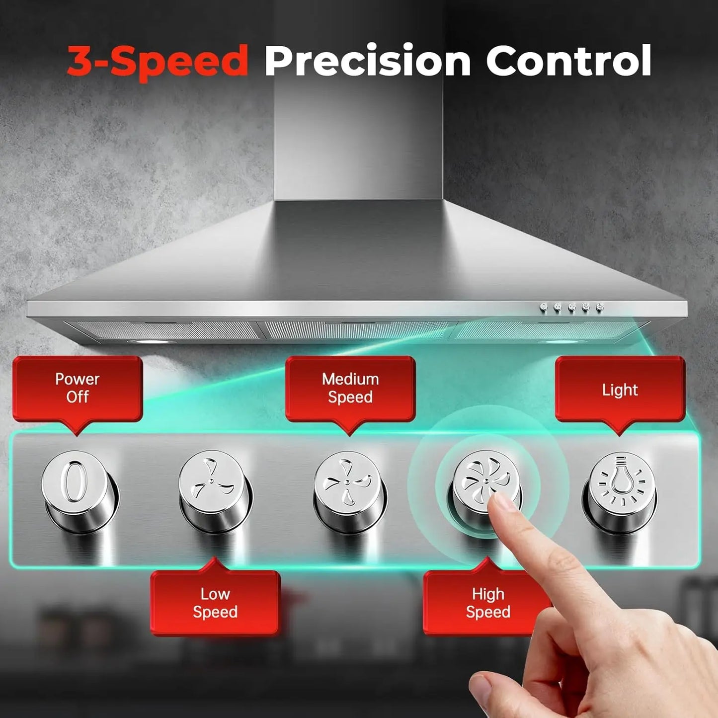 SNDOAS 90Cm Chimney Hood, 400M³/H, A+++ Energy, 3 Speed, Dual Mode (Recirculating/Ducting), Brushed Stainless Steel