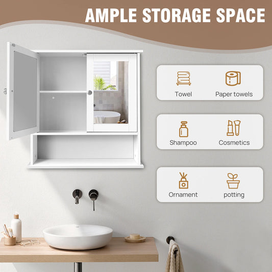 EFAN 3 Tier Mirror Cabinet Wall Mounted Cabinet Storage with Mirror and Double Door, Bathroom Storage Shelf Organizer Unit