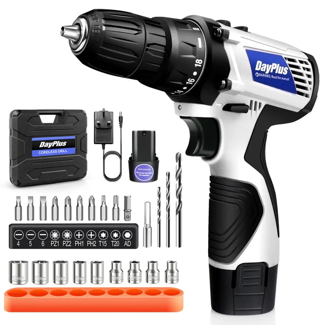 DayPlus Mini Cordless Drill Driver Kit 12V Electric Screwdriver Tool + LED Work Work Light, High Torque 45N.m,3/8Inch Keyless Chuck,18+1