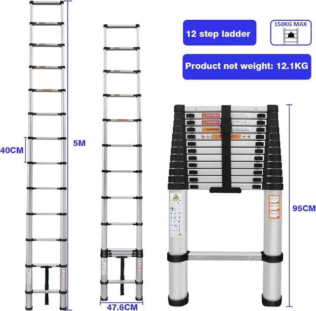 2.6M - 5M Multi Purpose Telescopic Ladder Sturdy Aluminium Telescoping Extension Ladders 330lb Max Load EN131 For Household Outdoor Work