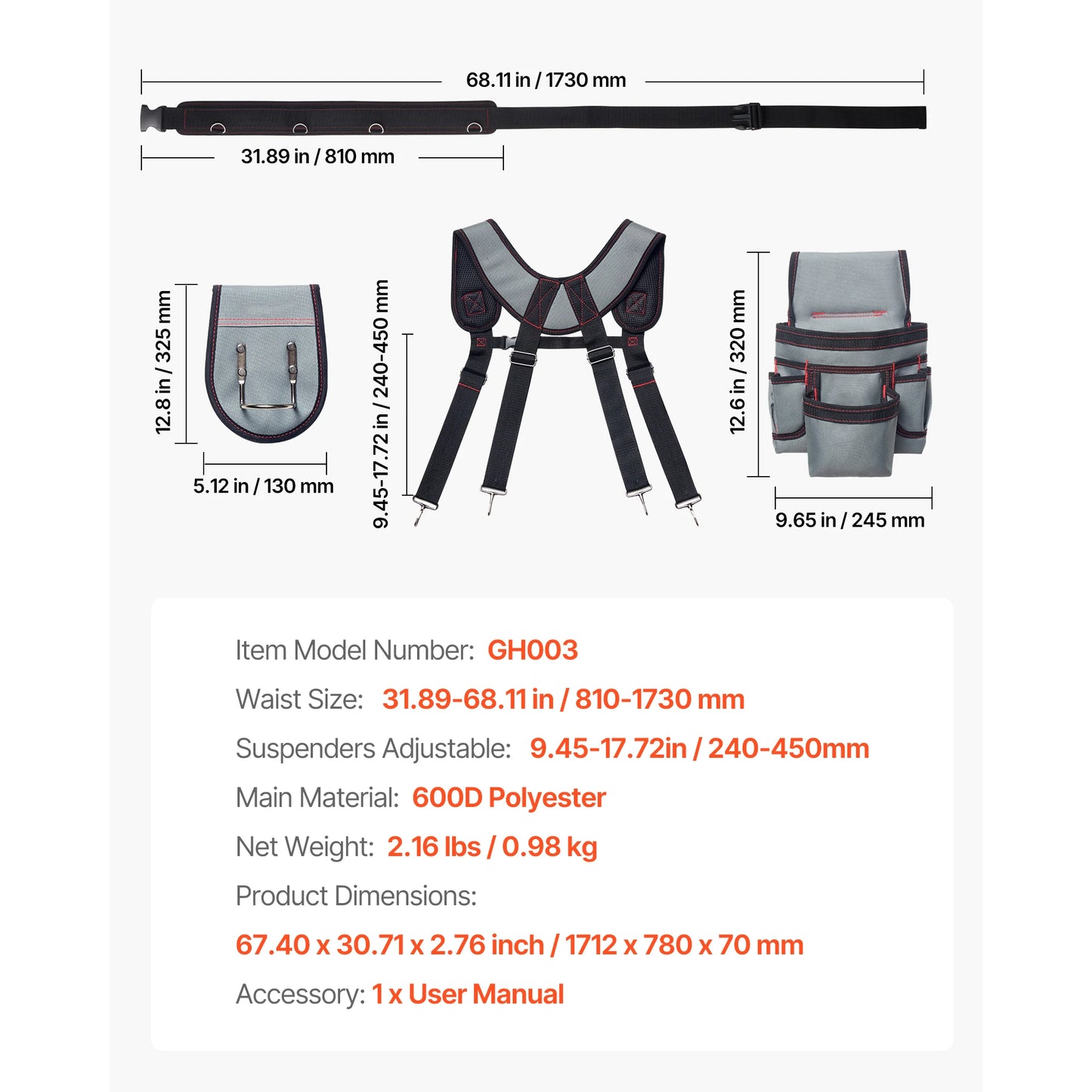 Tool Belt 22 Pockets Waist Adjustable 32 to 68 inch With Suspenders Utility Belt Tool Bag