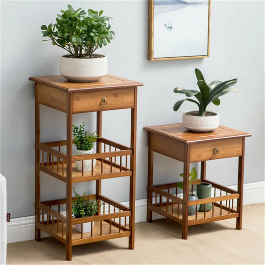 2 Tier Retro Vintage Style Bedside Table Bamboo Sofa Coffee End Table with Drawer Plant Display Storage Shelf Unit