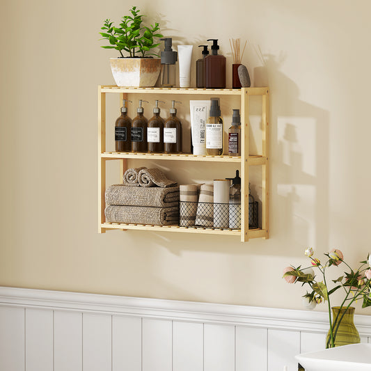 3-Tier Bamboo Bathroom Storage Shelf, Wall-Mounted or Stand, Display Stand Shelving Unit with Adjustable Rack, Natural