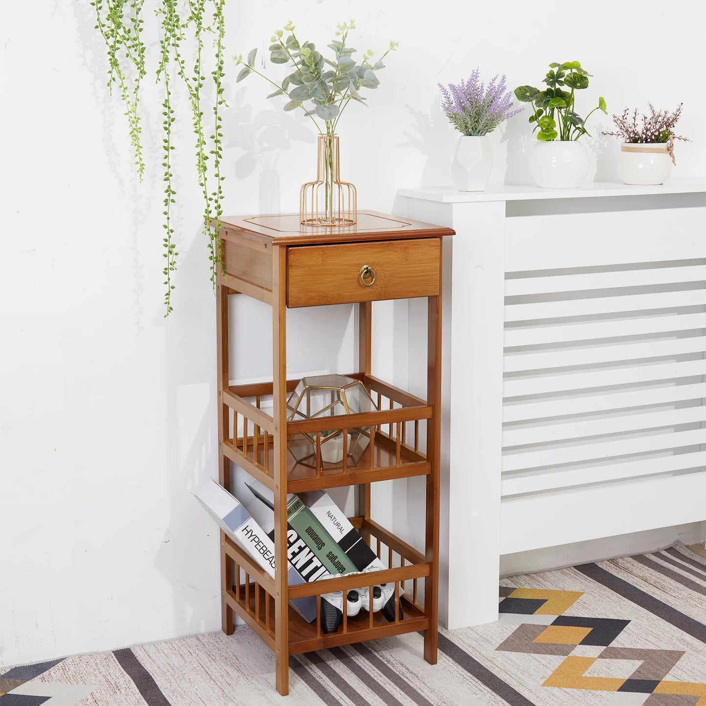 2 Tier Retro Vintage Style Bedside Table Bamboo Sofa Coffee End Table with Drawer Plant Display Storage Shelf Unit