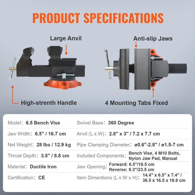 Bench Vice Multipurpose With Swivel Base And Anvil Heavy Duty Cast Iron For Drilling, Conduit Cutting, Sanding Strong Heavy Duty Workbench Tool