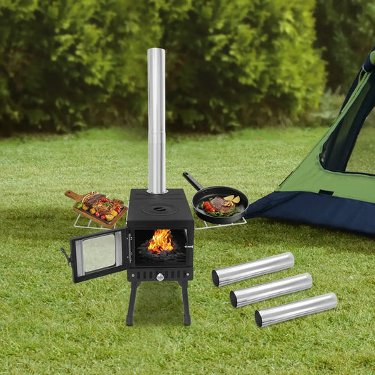 Foldable Camping Tent Stove With Chimney Carbon Steel Wood-Burning Heater For Cooking & Heating Outdoor Camping Tools
