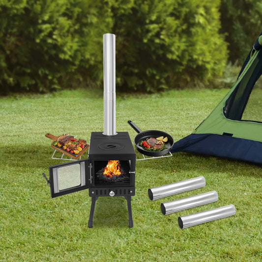 Foldable Camping Tent Stove With Chimney Carbon Steel Wood-Burning Heater For Cooking & Heating Outdoor Camping Tools