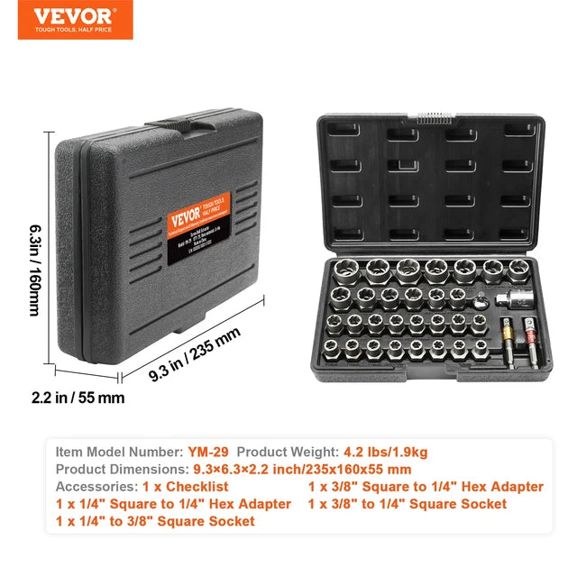 29 Piece Bolt Extractor Set Bolt and Nut Remover Set 6mm to 10mm 13/32" to 3/4" CR-MO Steel Extraction Socket Set with Case