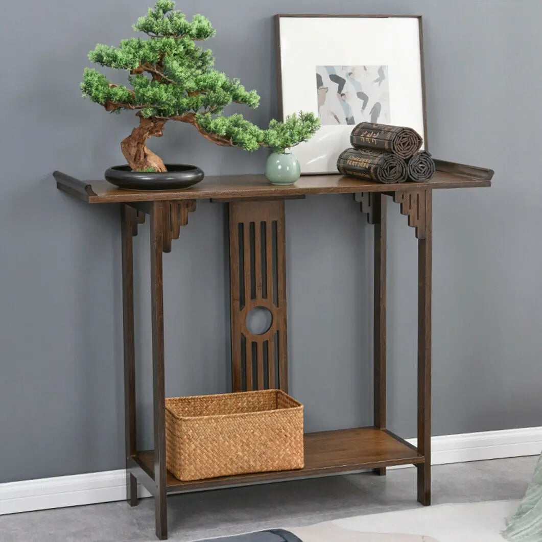 Ancient Oriental Hall Console Accent Table For Entryway With Drawer Storage Shelf Natural Bamboo Wood Furniture