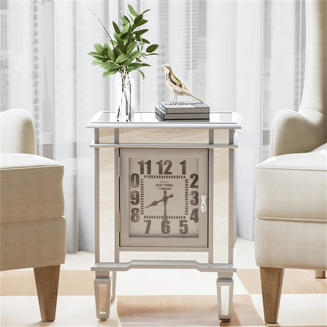 Silver Mirrored Glass Bedside Nightstand Side Table Cabinet With Quartz Clock And Storage Cabinet