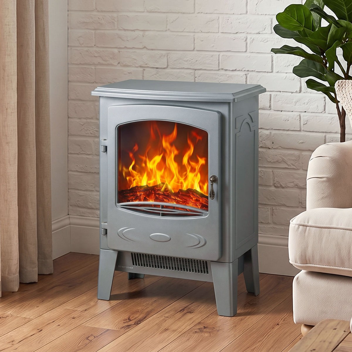 Freestanding Electric Fireplace Stove | Red LED Flame | 1000W/2000W | Forced-Air Fan | Grey