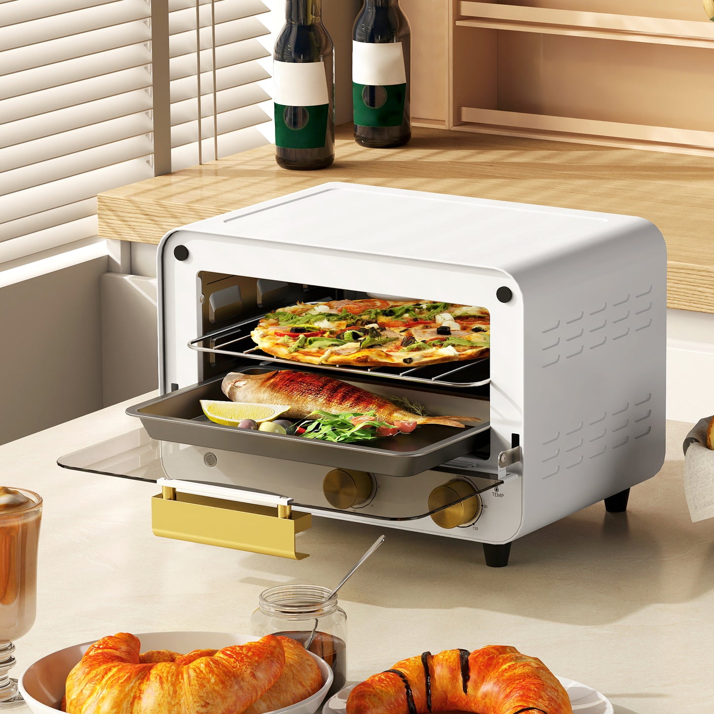Small Toaster Oven, 12L Multifunction Mini Countertop Oven with Glass Door, Adjustable Temperature and Timer, Accessory Included, 750W, White